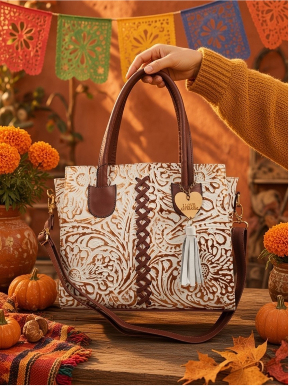 Rustic White Cocoa Blossom Cross Stitch Embossed Artisan LEATHER Purse Handbag